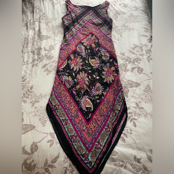 Vintage Y2K Vibrant Paisley Print Handkerchief Hem Bandana Midi Dress 8 Petite - Picture 2 of 6